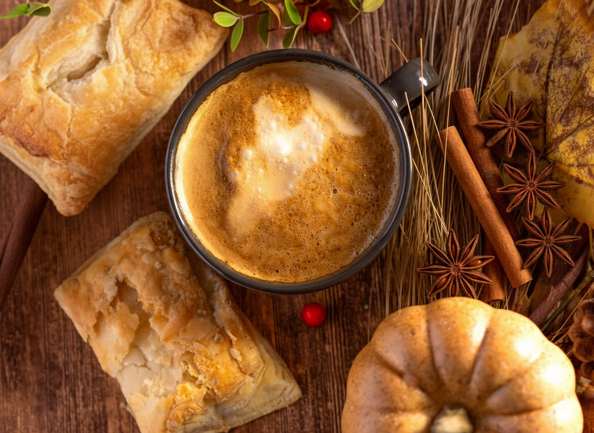 Cup of coffee with pastries and spices on a wooden surface