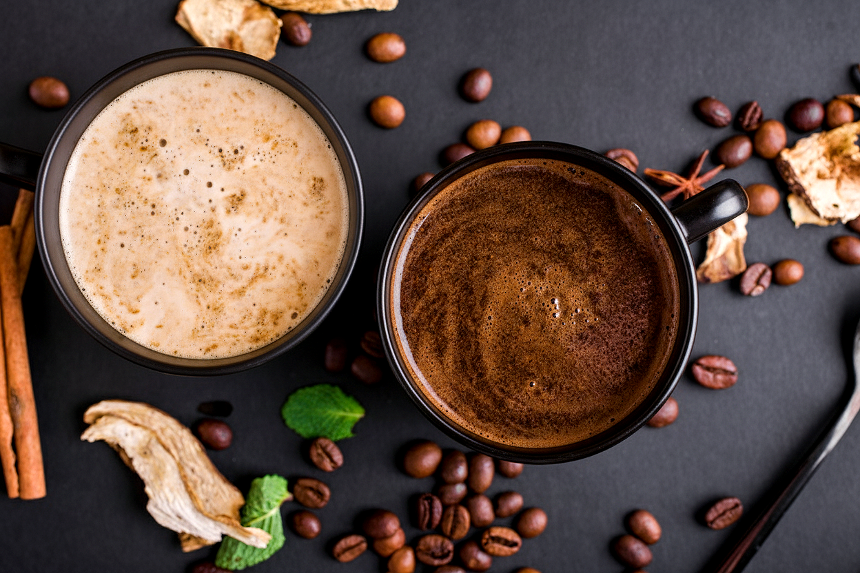 Two coffee cups with different types of coffee, surrounded by coffee beans and spices on a dark surface.